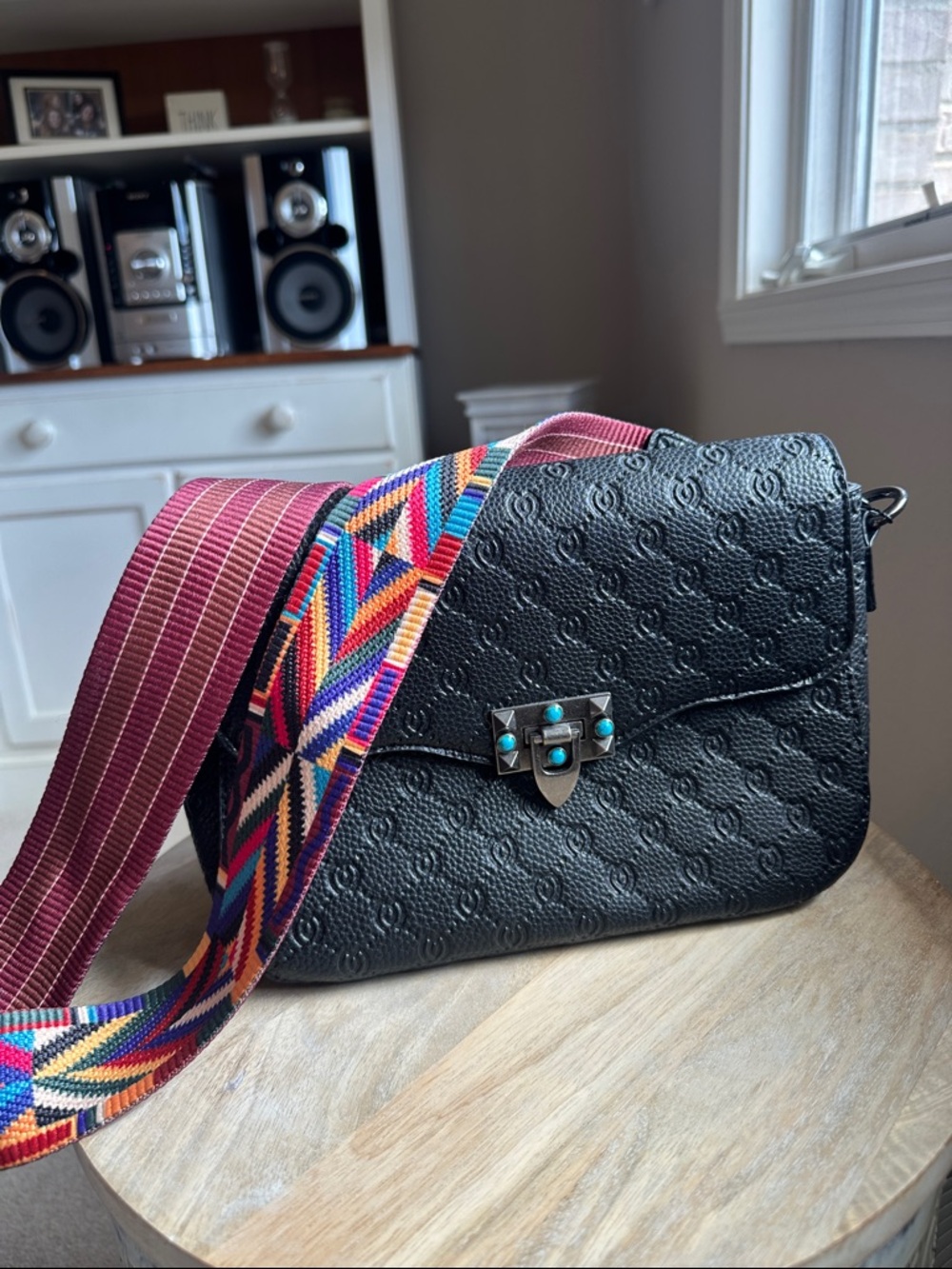 Migato Black Embossed Crossbody/Shoulder Bag with Colorful Woven Removable Strap